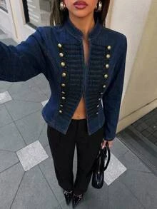 Aloruh Women's Long Sleeve Button Design Casual Preppy Elegant Napoleon Denim Jacket Dinner Date Night Fall Casual Blouses For Women - Dark Wash - View 1