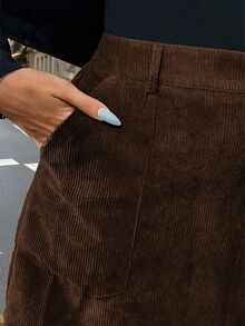 Easura Plus Size Corduroy A-Line Zipper Pocket Decorated Midi Skirt Fall - Coffee Brown - View 3