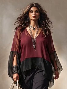 Linhara CURVE Colorblock Patchwork Sheer Mesh V-Neck Cover Up, Loose Batwing Sleeve Lightweight Airy Shirt Top - Burgundy - View 6