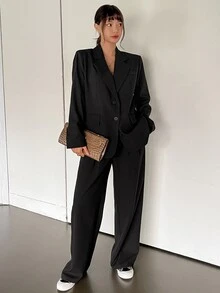 Dazy-Less 2件組女款簡約純色西裝外套與長褲套裝 老錢風亞麻材質 秋季商務正裝 西式女裝 - 黑色 - 查看 1
