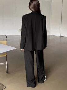 Dazy-Less 2件組女款簡約純色西裝外套與長褲套裝 老錢風亞麻材質 秋季商務正裝 西式女裝 - 黑色 - 查看 4