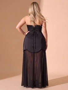 Cravure Plus Size Elegant Faux Pearl Decor Strapless Dress - Black - View 3