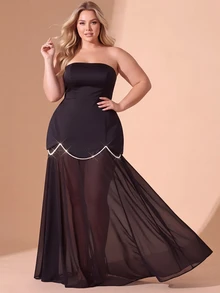 Cravure Plus Size Elegant Faux Pearl Decor Strapless Dress - Black - View 4