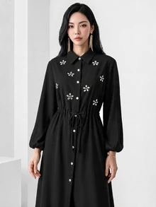 Heiryn Elegant Commuter Rhinestone Decor Long Shirt Pants Set Modest For Women Dinner Black Fall Brunch Party - Black - View 9