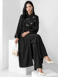 Heiryn Elegant Commuter Rhinestone Decor Long Shirt Pants Set Modest For Women Dinner Black Fall Brunch Party - Black - View 7