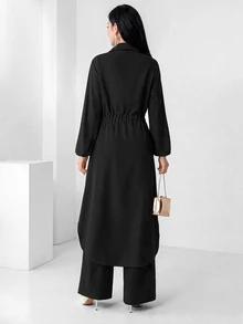 Heiryn Elegant Commuter Rhinestone Decor Long Shirt Pants Set Modest For Women Dinner Black Fall Brunch Party - Black - View 3