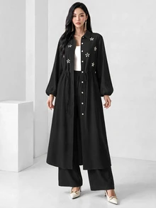 Heiryn Elegant Commuter Rhinestone Decor Long Shirt Pants Set Modest For Women Dinner Black Fall Brunch Party - Black - View 4