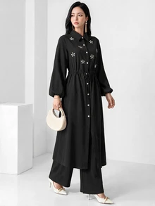 Heiryn Elegant Commuter Rhinestone Decor Long Shirt Pants Set Modest For Women Dinner Black Fall Brunch Party - Black - View 8