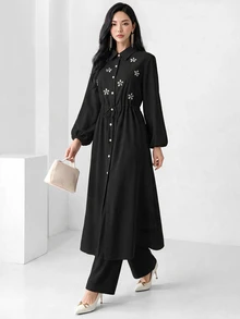 Heiryn Elegant Commuter Rhinestone Decor Long Shirt Pants Set Modest For Women Dinner Black Fall Brunch Party - Black - View 5