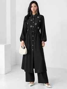 Heiryn Elegant Commuter Rhinestone Decor Long Shirt Pants Set Modest For Women Dinner Black Fall Brunch Party - Black - View 2