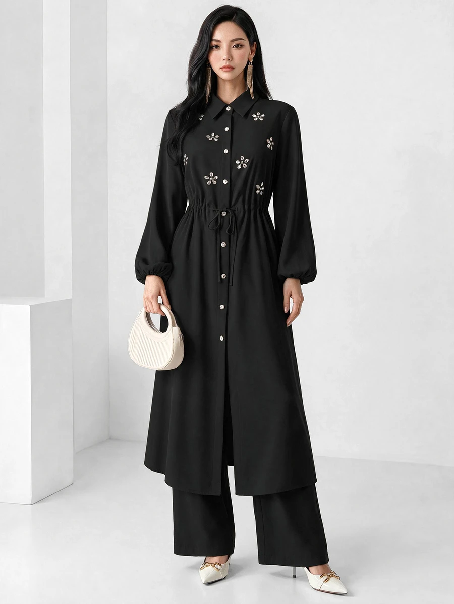 Heiryn Elegant Commuter Rhinestone Decor Long Shirt Pants Set Modest For Women Dinner Black Fall Brunch Party