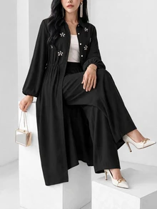 Heiryn Elegant Commuter Rhinestone Decor Long Shirt Pants Set Modest For Women Dinner Black Fall Brunch Party - Black - View 6