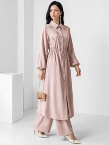 Heiryn 女士水钻装饰灯笼袖单排扣夹克和裤子两件套休闲套装 - 粉色 - 查看 6