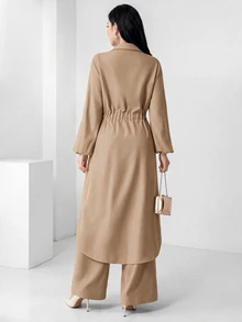 Seusyu Women's Rhinestone Lace-Up Long Sleeve Shirt And Solid Color Loose Long Pants 2-Piece Set Teachers' Day Brunch Khaki Autumn Elegant Modest - Camel - View 2