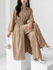 Seusyu Women's Rhinestone Lace-Up Long Sleeve Shirt And Solid Color Loose Long Pants 2-Piece Set Teachers' Day Brunch Khaki Autumn Elegant Modest - Camel - View 3
