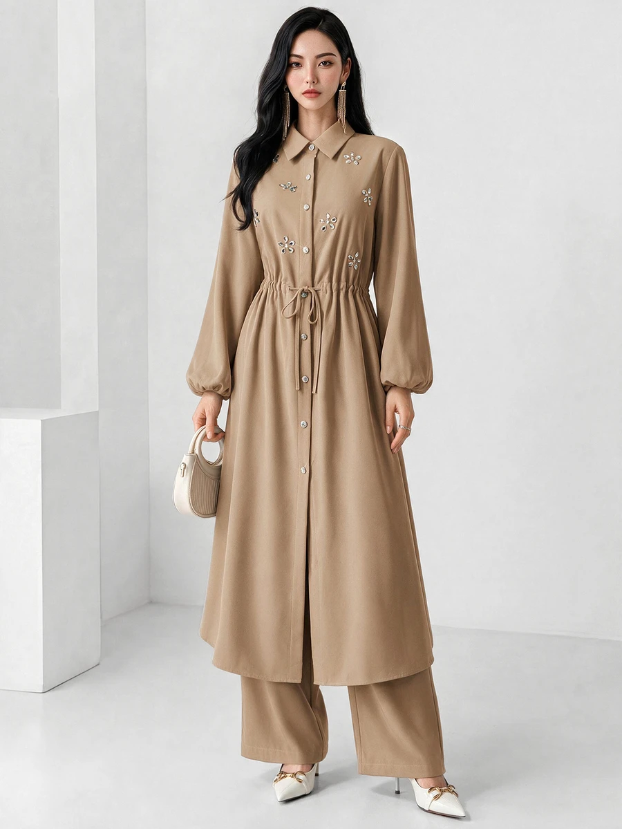 Seusyu Women's Rhinestone Lace-Up Long Sleeve Shirt And Solid Color Loose Long Pants 2-Piece Set Teachers' Day Brunch Khaki Autumn Elegant Modest - Camel - View 1