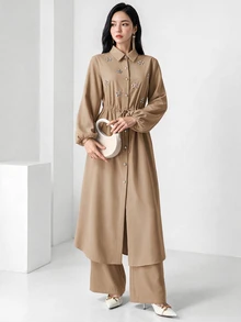 Seusyu Women's Rhinestone Lace-Up Long Sleeve Shirt And Solid Color Loose Long Pants 2-Piece Set Teachers' Day Brunch Khaki Autumn Elegant Modest - Camel - View 5