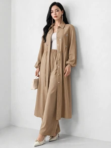 Seusyu Women's Rhinestone Lace-Up Long Sleeve Shirt And Solid Color Loose Long Pants 2-Piece Set Teachers' Day Brunch Khaki Autumn Elegant Modest - Camel - View 7