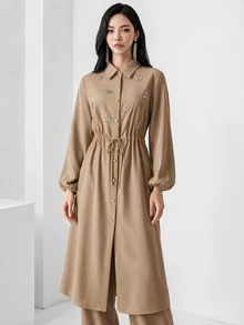 Seusyu Women's Rhinestone Lace-Up Long Sleeve Shirt And Solid Color Loose Long Pants 2-Piece Set Teachers' Day Brunch Khaki Autumn Elegant Modest - Camel - View 6