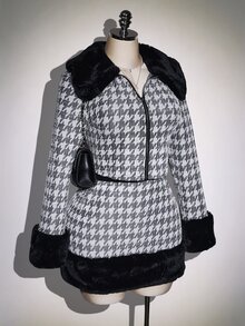 SHEIN ICON Plus Size Women's Houndstooth Zipper Front Jacket With Faux Fur Cuffs And Skirt Fashion 2 Pieces Set - Black and White - View 3