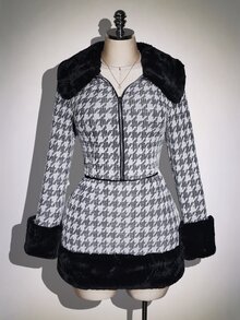 SHEIN ICON Plus Size Women's Houndstooth Zipper Front Jacket With Faux Fur Cuffs And Skirt Fashion 2 Pieces Set - Black and White - View 5