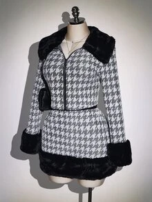 SHEIN ICON Plus Size Women's Houndstooth Zipper Front Jacket With Faux Fur Cuffs And Skirt Fashion 2 Pieces Set - Black and White - View 4