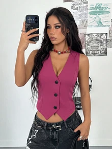 StreetHx Women's Sexy Fashion Button Vest Blazer - Hot Pink - View 1