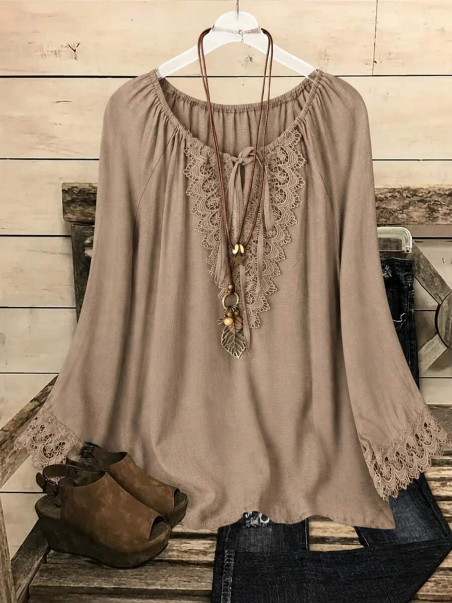 EMERY ROSE CURVE Plus Size Women's Autumn/Winter Fashion Casual Loose Comfortable Daily Basic V-Neck Lace Trim Patchwork Long Sleeve Blouse Fall - Khaki - View 1