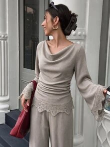 Yunfilé Women's Autumn/Winter Vintage Knit 2 Pieces Set, Cowl Neck Flared Sleeve Exquisite Lace Trim Top + Lace Hem Wide Leg Pants, Commute Daily, Layering Outing Weekend Outfit - Khaki - View 5