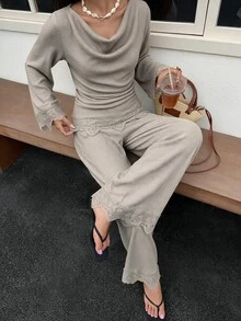 Yunfilé Women's Autumn/Winter Vintage Knit 2 Pieces Set, Cowl Neck Flared Sleeve Exquisite Lace Trim Top + Lace Hem Wide Leg Pants, Commute Daily, Layering Outing Weekend Outfit - Khaki - View 7
