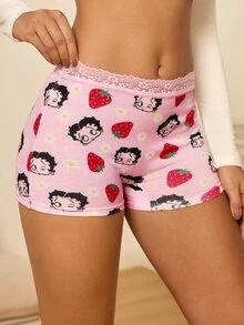 Betty Boop x SHEIN Women's Lace Patchwork Cartoon Print Casual Daily Hipster Panties - Pink - View 7