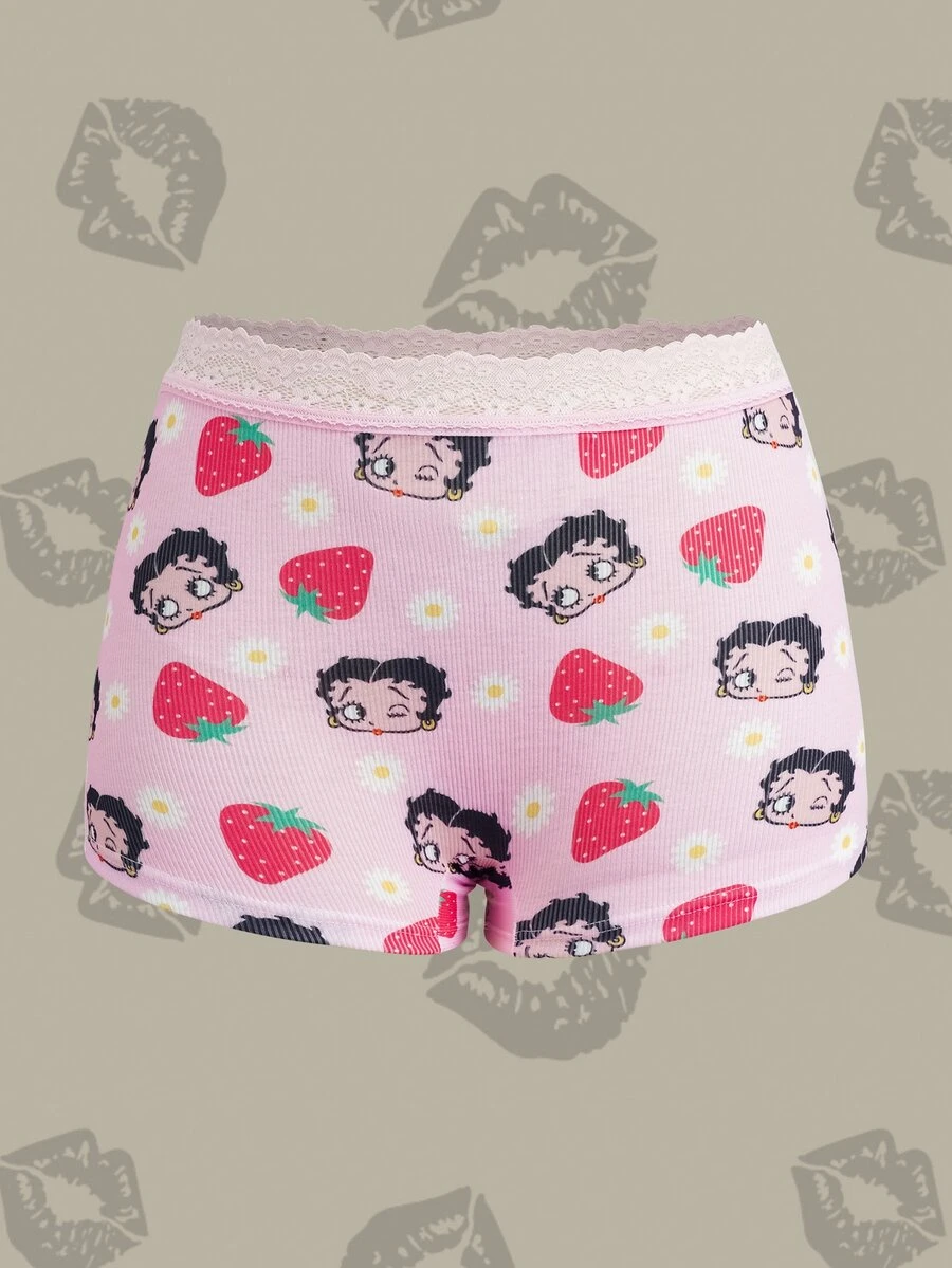 Betty Boop x SHEIN Women's Lace Patchwork Cartoon Print Casual Daily Hipster Panties - Pink - View 1