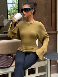 Muchica Women's New Green Vintage Washed Distressed Lace Patchwork Batwing Sleeve Long Sleeve T-Shirt For Going Out, Streetwear, Y2K - Green - View 7