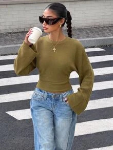 Muchica Women's New Green Vintage Washed Distressed Lace Patchwork Batwing Sleeve Long Sleeve T-Shirt For Going Out, Streetwear, Y2K - Green - View 3