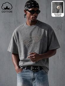 Manfinity EMRG Men's Casual Everyday Streetwear INS Style Loose Fit Vintage Distressed Studded T-Shirt, Goth - Grey - View 1