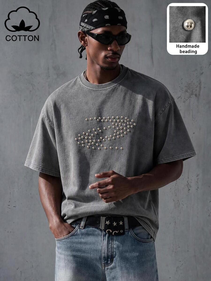 Manfinity EMRG Men's Casual Everyday Streetwear INS Style Loose Fit Vintage Distressed Studded T-Shirt, Goth - Grey - View 1