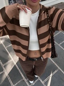 Solavibe Plus Size Brown Zip‑Up Hooded Knit Cardigan, Campus Daily Wear, Fall, Back To School Formal Date Night Vacation Going Out Y2k Retro Casual 90s 1960s - Brown - View 11