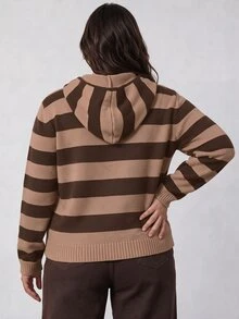 Solavibe Plus Size Brown Zip‑Up Hooded Knit Cardigan, Campus Daily Wear, Fall, Back To School Formal Date Night Vacation Going Out Y2k Retro Casual 90s 1960s - Brown - View 4