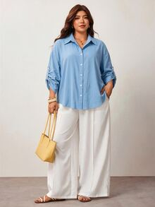 Enliva 大尺碼女款七分袖鈕扣襯衫，適合通勤，蘋果型圓潤身型，秋季款 - 藍色 - 查看 7