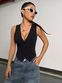 EgrlEra 女款純色V領單排扣輕量西裝背心 - 藏蓝色 - 查看 8