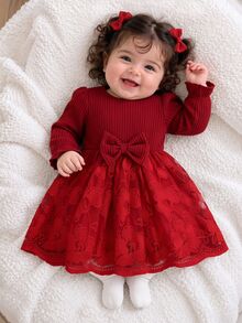 SHEIN Baby Girl Knit Solid Color Round Neck Patchwork Woven Mesh Embroidered Hem Casual Dress,Red Dress,Burgundy Dress,Christmas - Red - View 8