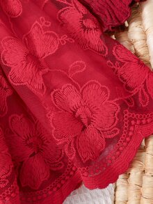 SHEIN Baby Girl Knit Solid Color Round Neck Patchwork Woven Mesh Embroidered Hem Casual Dress,Red Dress,Burgundy Dress,Christmas - Red - View 6