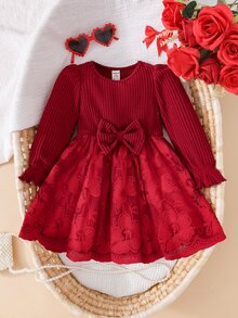 SHEIN Baby Girl Knit Solid Color Round Neck Patchwork Woven Mesh Embroidered Hem Casual Dress,Red Dress,Burgundy Dress,Christmas - Red - View 3