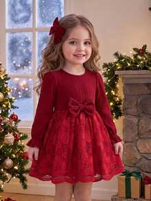 SHEIN Baby Girl Knit Solid Color Round Neck Patchwork Woven Mesh Embroidered Hem Casual Dress,Red Dress,Burgundy Dress,Christmas - Red - View 1