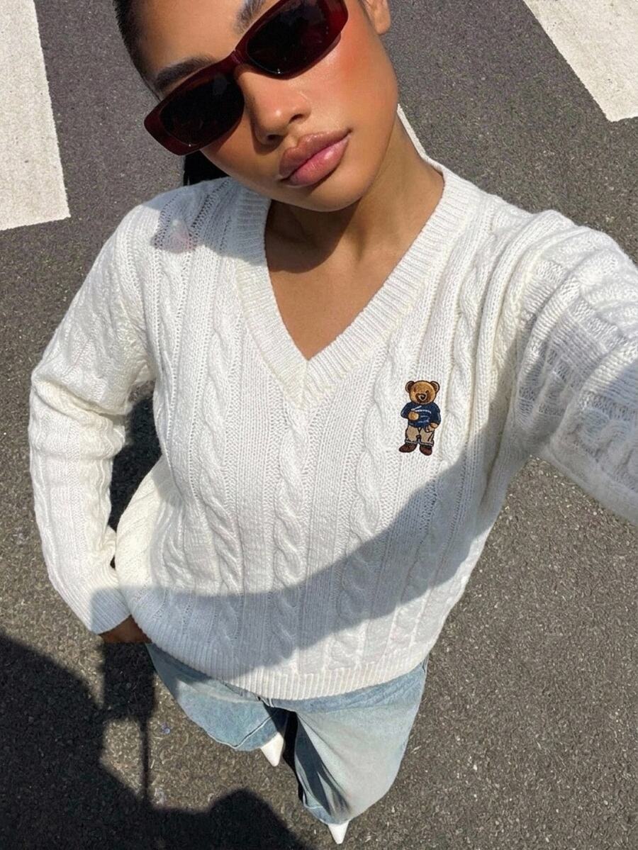Tween Girls Sweaters V-Neck Apricot Pullover Embroidered Towel Embroidery Cable Twist Rope Design Soft Knit Simple Base Layer Outerwear Suitable For Autumn Winter Casual Long Sleeve Top For Outings Parties Photoshoots And Play - Apricot - View 1