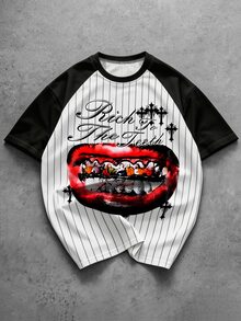 Manfinity EMRG Men's Letter Stripe & Lips Print Crew Neck Short Sleeve Casual T-Shirt - Multicolor - View 3