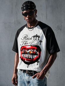 Manfinity EMRG Men's Letter Stripe & Lips Print Crew Neck Short Sleeve Casual T-Shirt - Multicolor - View 2