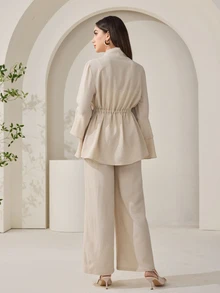 Solavon Women's Elegant Commuter Solid Color Bell Sleeve Drawstring Waist Shirt And Pants 2 Pieces Set - Apricot - View 4