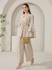 Solavon Women's Elegant Commuter Solid Color Bell Sleeve Drawstring Waist Shirt And Pants 2 Pieces Set - Apricot - View 6