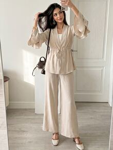 Solavon Women's Elegant Commuter Solid Color Bell Sleeve Drawstring Waist Shirt And Pants 2 Pieces Set - Apricot - View 2